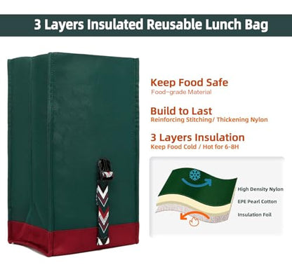 SUNNY BIRD Insulated Lunch Bag Rolltop Lunch Box (Green with Boho strap) - color: Green with Boho strap