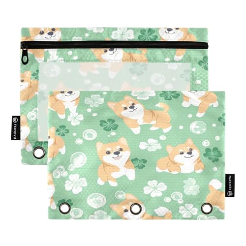 Shiba Inu Clover Dog Binder Pouch 3 Ring Clear Pouches with Zipper Pen Organizer for Office, 2 Pack - color: Multi-shiba Inu Clover Dog