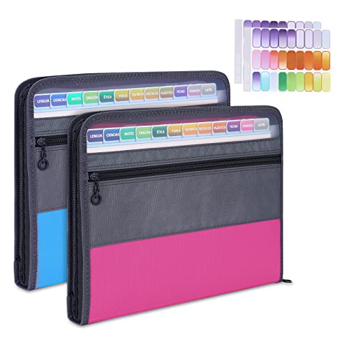 MEGREZ A4 Paper File Folder with 13 Pockets, Accordion File Folder with Zipper File Folder Organizer for Office, Waterproof Expanding File Folder with Tabs, Pink & Blue(2 Packs) - color: Pink & Blue