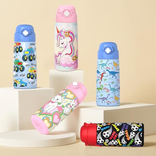 Girls Insulated Water Bottle with Covered Pop-Up Straw,16 oz Kids Cups with Stainless Steel Leak Proof for School（Rainbow-Pink） - color: A11.Rainbow, style: 1Pack