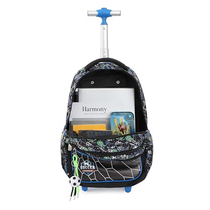 Cartoon Rolling Backpack for Boys Girls, Kids 5 Pcs Wheeled Backpack, Travel Backpack for Elementary Students (Football Black) - color: Football Black