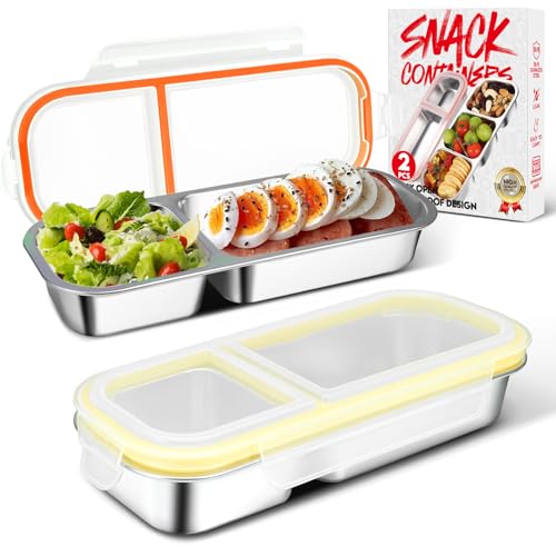 2 Pack Stainless Steel Snack Containers with Lids - Reusable 2 Compartment Snackle Box Container Divide Wet Dry Leakproof Metal Food Storage Containers for School, Home, Travel (Yellow + Orange) - color: Yellow + Orange, size: 2 Compartment of 1 pack