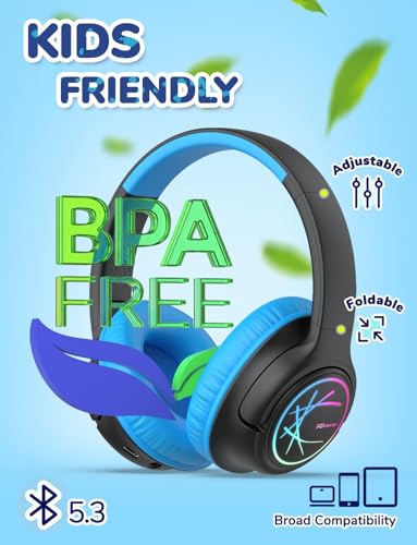 iClever BTH18 Kids Bluetooth Headphones LED Lights for Toddler Boys Girls | SafeSound Tech, 43H Playtime Stereo Sound, USB C Charging AUX Cable, Over Ear Kids Headphones Wireless for iPad/Tablet/Travel - color: Black