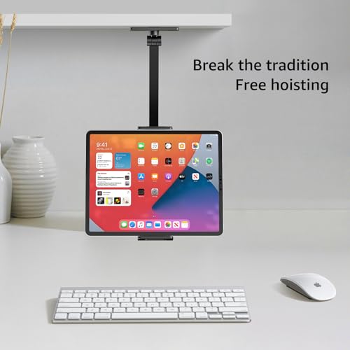 BEWISER Tablet Wall Mount Holder,360° Rotating Flexibly, Height and Angle Adjustable, Folding Aluminium Alloy Long Arm Compatible with4.7-12.9" Phone and Tablet in Kitchen or Office (Space Grey)… - color: Black