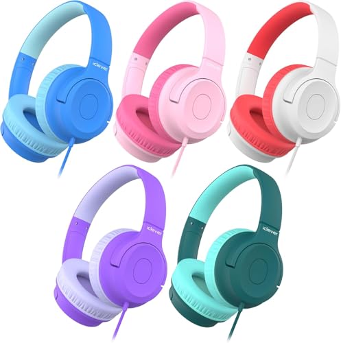 iClever Kids Headphones for School K-12, Bulk 5Pack, 85dBA Safe Volume, 3.5mm Jack, HD Stereo, Tangle Free, Swivel Foldable Kids Headphones with Cord for Student/Classroom/Laptop/Tablets, Colorful - color: Macaron Color