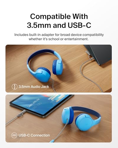Belkin SoundForm Mini Kids Wired Headphones w/USB C to 3.5mm Dongle, Built-in Mic & Fun Stickers, 85dB Max Volume – for Online Learning, Travel, Compatible w/iPhone 16, iPad, Galaxy S25, etc - Blue - color: Blue, style: Wired (USB-C)