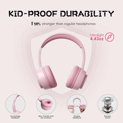 Kids Bluetooth Headphones, Toddler Headphones 85 dBA Safe Volume, 45 Hours Playtime, with Mic, Bluetooth 5.3, Kids Wireless Headset for iPad/Tablet/Travel/School, ldeal Gift (Pink) - color: Pink