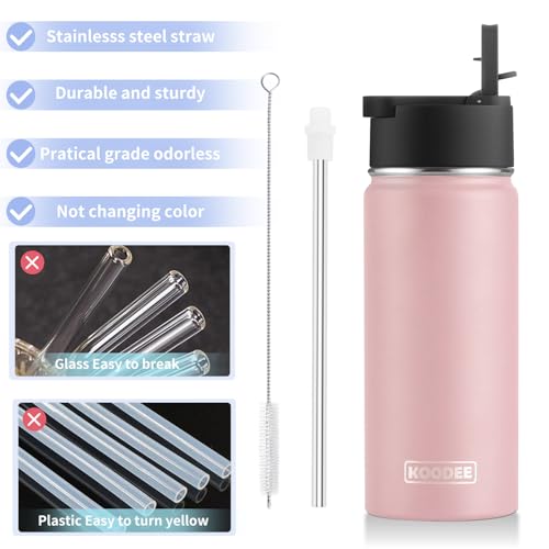 koodee 16 oz Water Bottle Stainless Steel Double Wall Vacuum Insulated Water Bottle Wide Mouth Flask with Leakproof Straw Lid (Light Pink) - color: light-pink-A, size: 16 Ounces
