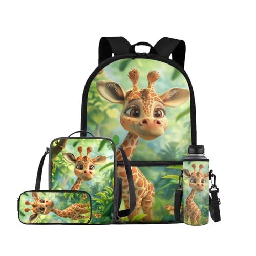 Giraffe Backpack for Girls Kids Backpack with Lunch Box Water Bottle Bag and Cute Pencil Case 4PCS Set Bookbag with Front Pocket for School 17 inch Lightweight School Bag for Elementary Girls - color: Cute Giraffe