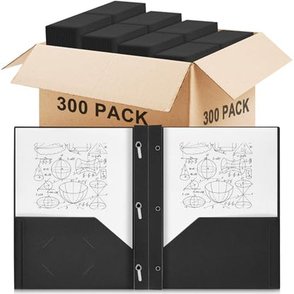 Yeaqee 300 Pack Plastic Folders with Prongs Heavy Duty Plastic 2 Pocket Folder with 3 Prongs, Business Card Slot for Back to School Office Home 11.6 x 9.5 Inch (Black) - color: Black