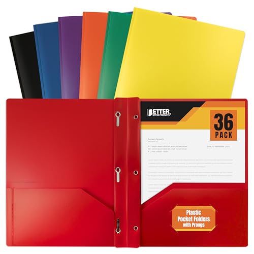 Better Office Products Poly 2 Pocket Folders with Prongs, Heavyweight, 36 Pieces, Assorted Primary Colors