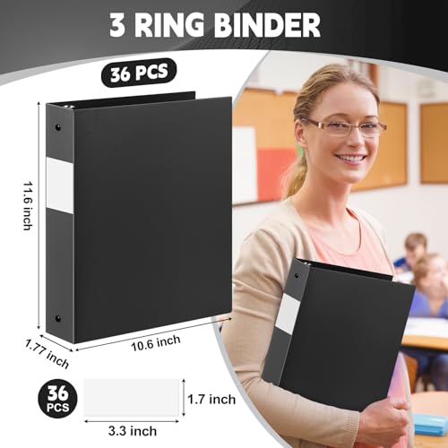 Henoyso 36 Pcs Black 1.5 Inch 3 Ring Plastic Binder Bulk, 1 1/2 Inch Soft Flexible Binders Three Round Rings Fit 8.5x11 Papers for School Office Home File Organization Supplies - color: Black