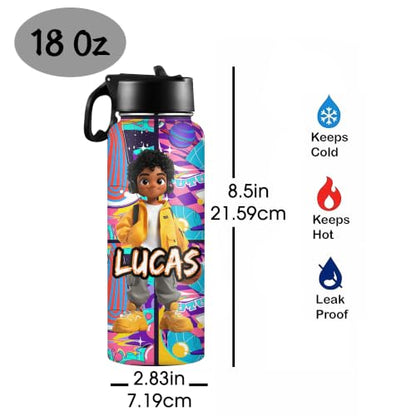 D-Story Personalized Kids Water Bottle with Straw Lid - 18 oz Leak-Proof Stainless Steel Insulated Flask, Back to School Birthday Gifts for Boys - color: Boy's Style