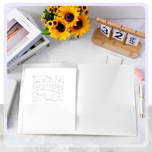 Gueevin 72 Pack Plastic Folder with Pockets, 2 Pocket Folders, Plastic Glossy Folders Fit Letter Size Paper, Heavy Duty Durable File Folder with Business Card for Home Office School (White) - color: White