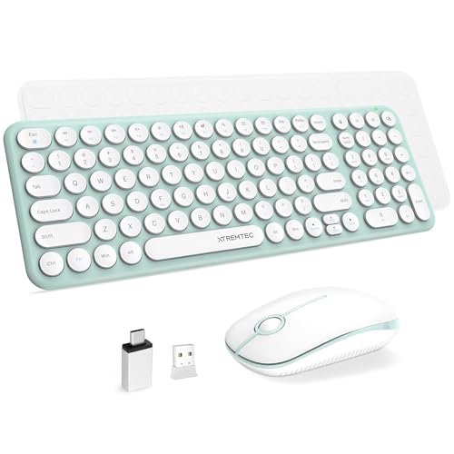 Wireless Keyboard and Mouse Combo,XTREMTEC 2.4GHz Quiet Slim Cute Round Keycap Compact Size Green Kawaii Cordless Retro Keyboard Mouse Set Home Office Accessories for Mac/Windows(Macaron Green) - color: Macaron Green