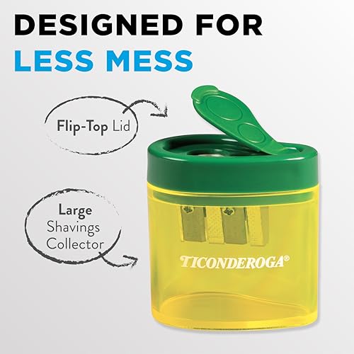 Ticonderoga Two-Hole Manual Pencil Sharpener for Standard and Beginner Pencils, Yellow/Green, 2" x 2" x 1.25", German-Engineered, 1 Count - style: 2-Hole