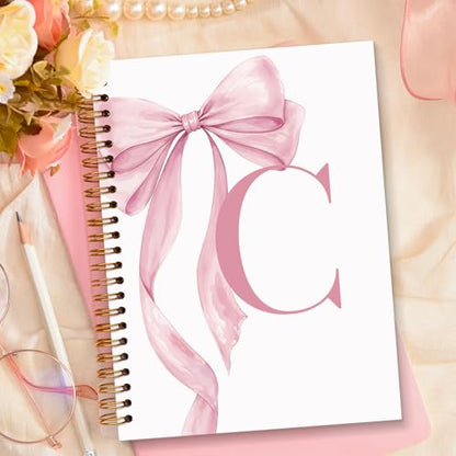 JXREQ Coquette Pink Bow Personalized Notebook, Initial Letter C Monogram Journal, Preppy Girly Ribbon Bow Journal, Monogrammed Gifts for Women, Aesthetic Spiral Notebook 5.5x8.3 - color: Cpink