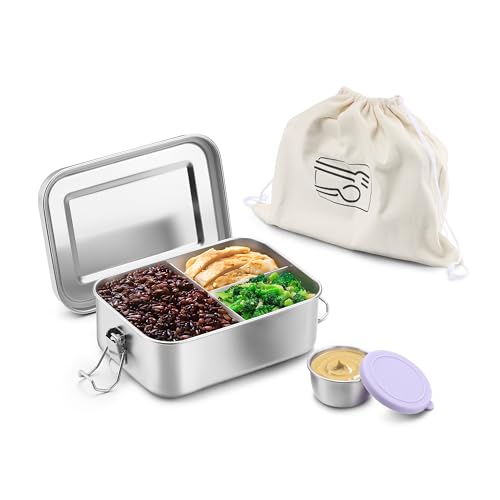HaWare Stainless Steel Lunch Box, 29oz (850ML) with Divider | 3 Compartment, Condiment Container Included, Carrying Bag Included, Leak-Proof, Dishwasher Safe - color: Lilac Purple, size: 29oz-(850ml)