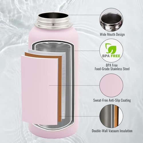 Fijinhom Insulated Water Bottle with Handle, 304 Stainless Steel Water Bottles with Wide Mouth, Double Wall Vacuum Sports Water Bottle, BPA Free, Keep Cold and Hot, 32 Ounces Pink - color: Pink, size: 32 Ounces