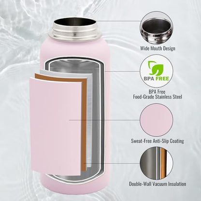 Fijinhom Insulated Water Bottle with Handle, 304 Stainless Steel Water Bottles with Wide Mouth, Double Wall Vacuum Sports Water Bottle, BPA Free, Keep Cold and Hot, 32 Ounces Pink - color: Pink, size: 32 Ounces