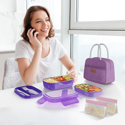 JBGOYON Leakproof Bento Box & Insulated Lunch Bag Set, 4-Piece, Purple | 6-hour thermal retention, includes nested knife fork spoon, 2 reusable snack pouches, designed for adults and kids - color: Purple Set
