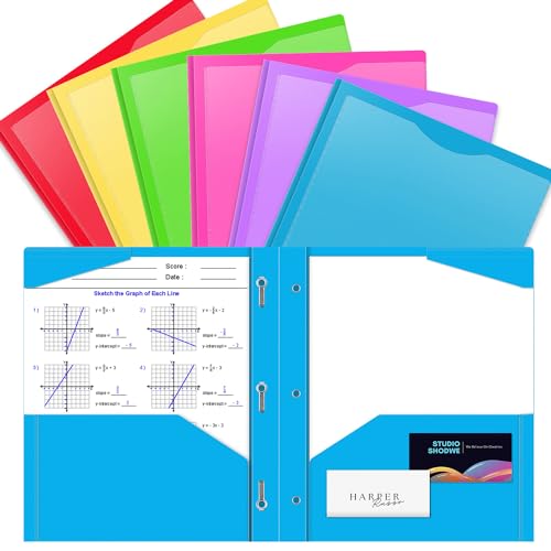 BAOFALI 12 Pack A4 Pocket Plastic Folder 2 Pockets and 3 Prongs 2 Card Slots, Durable, Tear-Resistant Heavy Duty Pocket Folders with Prongs, Colored Prong Folders for Schoolwork & Officer - color: 6 Colors, size: 12