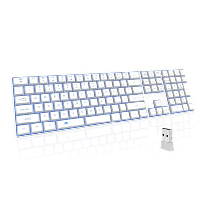 POWZAN Wireless Backlit Keyboard Quiet - Computer Rechargeable Ergonomic Light UP Keyboard, Silent Keys Full Size Compatible for Windows, Desktop, Laptop, PC, Gaming, PS5 - White - color: White