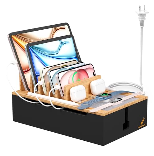 Pezin & Hulin Bamboo Charging Station for Multiple Devices, USB Charger Dock Organizer, with Power Supply (10 Ports HUB), 6 Cables, Cable Management Organizer for Cell Phones, Tablets -Natural+Black - color: Natural+Black, size: Dock+Charger+Cables