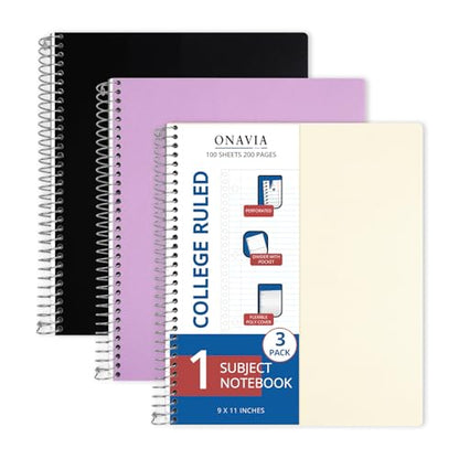 ONAVIA 1 Subject Spiral Notebook College Ruled 3 Pack, 200 Pages, Assorted | ONAVIA 1 Subject Spiral Notebook College Ruled 3 Pack, 200 Pages, Assorted
