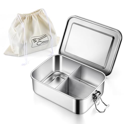 E-far Stainless Steel Bento Box, 28oz Metal Lunch Bento Box w/Leak Proof Lid, 850ml Small Food Container w/Removable Divider & Bag, Reusable 3-Compartment Bento Lunch Container for Camping Picnic - size: 850ML + Cloth bag