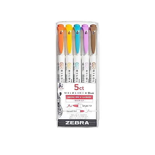 Zebra Pen, Mildliner Dual-Ended Brush Pens, Warm Color Palette, 5 Assorted Colors, Brush and Fine Tips, No Bleed-Through, Water-Resistant Ink for Calligraphy, Journaling, Planners, 5-Pack (79305) - color: Assorted Warm, size: 1 Count (Pack of 5), style: B