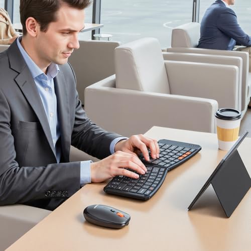 MEETION Ergonomic Foldable Keyboard and Mouse, Portable Bluetooth Keyboard and Mouse for Business Travel, Ultra-Thin Folding Wireless Keyboard Mouse for Windows/Mac/iOS/Andriod, C9880 - color: C9880 Black