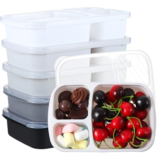 Honeydak 5 Pack Snack Containers 3 Compartment Bento Snack Boxes Divided Meal Prep Containers with Lids Reusable Adults Lunch Food Storage Box for School Work Travel(Black White) - color: Black White