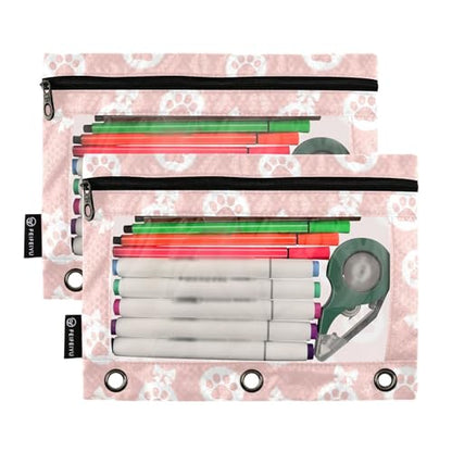 Emelivor Cute Paw Pink Pencil Pouch for 3 Ring Binder 2 Pcs Pockets Pencil Pouches Bag with Clear Pencil Case Cosmetic Bag for College Office Daily Supplies - color: 30-Paw Pink