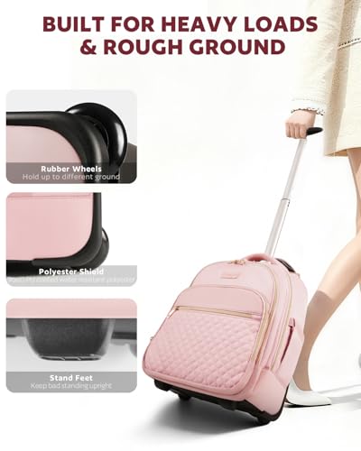 Arcoyard Small Rolling Backpack, 14.3 Inch Underseat Carry On Luggage With Wheels For Adults, Wheeled Backpack for Women, Travel Roller Bag, Pink