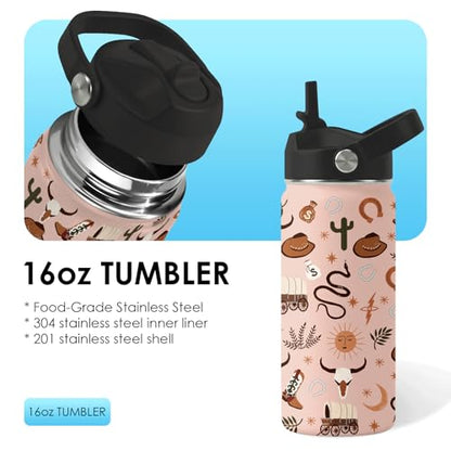 Western Cowboy Gifts - 16oz Kids Water Bottle with Straw Lid, Stainless Steel Insulated Tumbler, Leak Proof, BPA-Free, for Boys, School, Travel - Wild West Rodeo Cowgirl Kids Birthday Gifts Cups(1pc) - color: Cowboy1, size: 16 Ounces