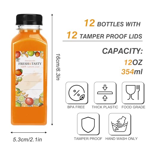 TOMNK 12pcs Juice Bottles, 12oz Reusable Plastic Juice Containers Bottles with Caps and Labels, Funnel, Brush Beverage Containers for Juicing, Smoothies, Tea, Milk