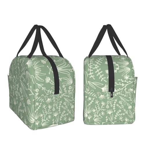 Nerxy Sage Green Insulated Lunch Bag Botanical Reusable Lunch Box for Kids Teens Herbs Plants Container Cooler Toddler Tote Bags for Women Men Picnic Travel Work Office - color: Green Botanical