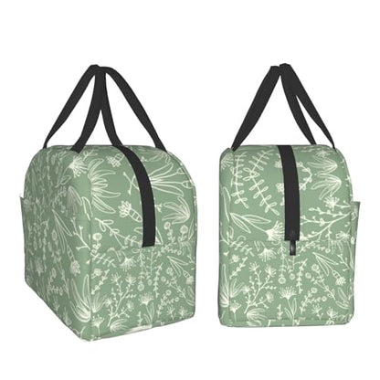 Nerxy Sage Green Insulated Lunch Bag Botanical Reusable Lunch Box for Kids Teens Herbs Plants Container Cooler Toddler Tote Bags for Women Men Picnic Travel Work Office - color: Green Botanical