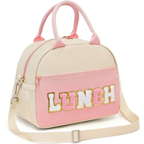 Lunch Bag for Girls and Women, Cute Preppy Lunch Bag with Chenille Letters, Insulated Large Capacity Lunch Tote with Detachable Strap for School, Work & Picnic, Light Pink - color: Light Pink