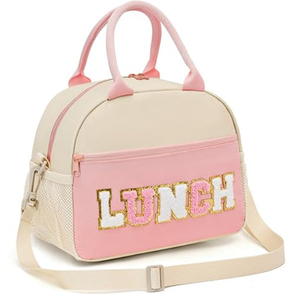 Lunch Bag for Girls and Women, Cute Preppy Lunch Bag with Chenille Letters, Insulated Large Capacity Lunch Tote with Detachable Strap for School, Work & Picnic, Light Pink - color: Light Pink