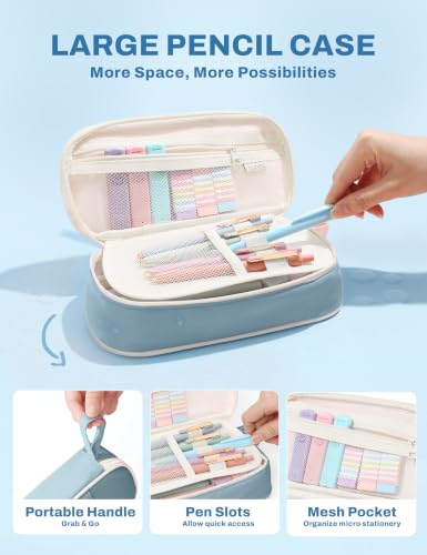 SUNEE 54PCS Aesthetic Stationery Set with Cute Pencil Case, 8 Color Pastel Highlighters, 8 Black Gel Pens, 6 Mechanical Pencils & Refills, College School Supplies for Students Girls Blue - color: Blue, style: 54 Pack