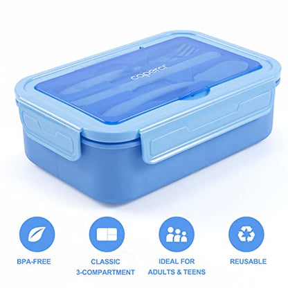 Caperci Classic Bento Lunch Box for Adult & Older Kids - Leakpoof 47 oz 3-Compartment Lunch Containers for Adults and Teens, Built-in Utensil Set, Ideal for On-the-Go, Blue - color: Blue