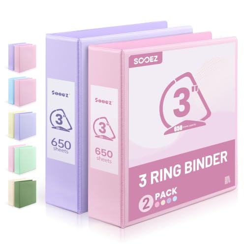 Sooez BinderX 3 Inch 3 Ring Binder, D-Ring Large Binders, Holds 650 Sheets of 8.5x11 Paper, PVC-Free, Customizable View Cover with 2 Inside Pockets, School & Office Supplies, Assorted Pastels, 2-Pack - color: Pink&purple, size: 3-Inch D Ring