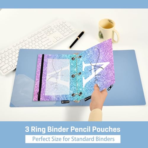 Personalized Pencil Pouch for 3 Ring Binder Glitter Pink Turquoise Purple Custom Pencil Pouches Case Binder Cosmetic Bag 2 Pack for Office School College Supplies - color: Pink Turquoise Purple