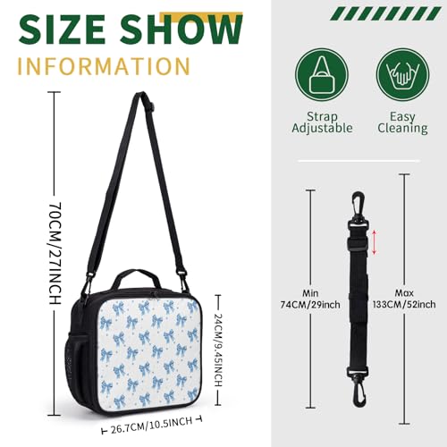 Bow Lunch Box for Girls Blue Bowknot Kids Insulated Lunch Bag Cute Bow Tie Toddler Cooler Lunchbox Reusable Lunch Pail School Thermal Meal Tote Kit with Shoulder Strap - color: Bow Blue