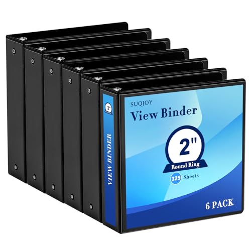 2 Inch 3-Ring Binder, 2" Round Ring Binder with 2 Inside Pockets, 6 Pack Black Binders, Clear View Cover, Holds Up to 450 Sheets 8.5" x 11" Paper，Study Binders for Office/Home/Back to School