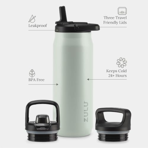 ZULU Base 32oz Stainless Steel Water Bottle with 3 Lids- Straw, Chug, Twist | Double Walled and Vacuum Insulated Metal Thermos | For Gym, Outdoor | Built in Carry Loop, Dishwasher Safe, Sage - color: Sage, style: 32oz
