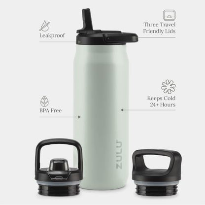 ZULU Base 32oz Stainless Steel Water Bottle with 3 Lids- Straw, Chug, Twist | Double Walled and Vacuum Insulated Metal Thermos | For Gym, Outdoor | Built in Carry Loop, Dishwasher Safe, Sage - color: Sage, style: 32oz