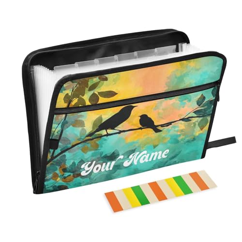 Custom Name Black Bird Orange Green Accordion File Organizer Personalized Text Expanding Document Folder with 13 Pockets Portable File Folder for A4 Letter Size - color: Black Bird Orange Green, size: Custom